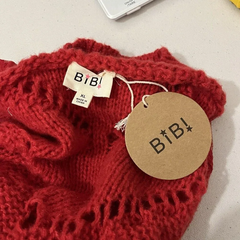 BiBi Knit Sweater Lace Collar Red Open Knit Chunky Size XL